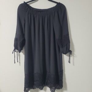 LOFT Women's Black Off the Shoulder 3/4 Sleeve Shift Dress Lace Hem Lined XS